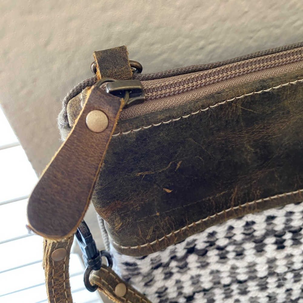 Myra Crossbody Bag Upcycled Tweed Gray Brown Cream Fall Western Leather Wristlet - Picture 4 of 15